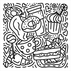 Sweets doodles hand drawn illustration with donuts, croissants, coffee etc.