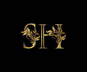 Luxury Gold letter S, H and SH Vintage decorative ornament letter stamp, wedding logo, classy letter logo icon.