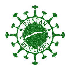 Roatan reopening stamp. Green round badge of island with map of Roatan. Island opening after lockdown. Vector illustration.