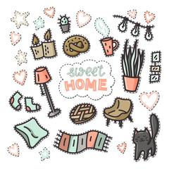 Sweet home doodle set of pins or stickers. Illustration with cat, plants, pictures, cup of coffee.