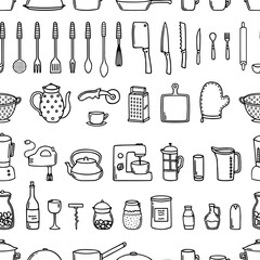 Kitchen seamless background in doodle style on white. 