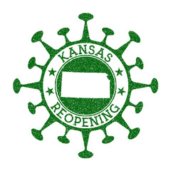 Kansas reopening stamp. Green round badge of US state with map of Kansas. US state opening after lockdown. Vector illustration.