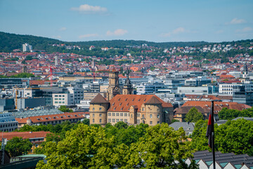 Fototapeta na wymiar Panorama view of Stuttgart, Germany from Eugensplatz square in June 2020