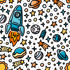 Childish seamless pattern with spaceship, planets and stars