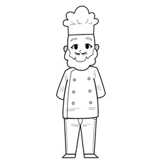 Cute Hand Drawn Outline or Line Drawing of Smiling Happy Young Man Chef Wearing Uniform With Bald Head and Beard. Suitable For Coloring Children Book, Mascot, Character. Cartoon Illustration. Doodle.