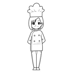 Cute Hand Drawn Outline or Line Drawing of Smiling Happy Young Girl Woman Chef Wearing Uniform. Suitable For Coloring Book, Children or Activity Book, Mascot, Character. Cartoon Illustration. Doodle.