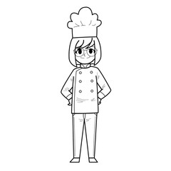 Cute Hand Drawn Outline or Line Drawing of Smiling Happy Young Girl Woman Chef Wearing Uniform With Glasses. Suitable For Coloring Book, Children Book, Mascot, Character. Cartoon Illustration. Doodle.