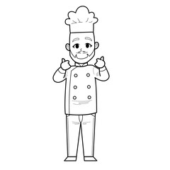 Cute Hand Drawn Outline or Line Drawing of Smiling Happy Young Man Chef Wearing Uniform With Bald Head and Beard. Suitable For Coloring Children Book, Mascot, Character. Cartoon Illustration. Doodle.