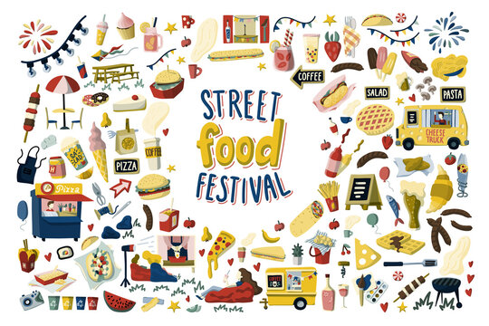 Street food festival hand drawn cartoon elements set