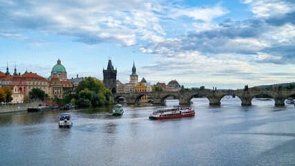 City view of Prague with the river Vltava and Charles Bridge
