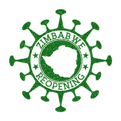 Zimbabwe reopening stamp. Green round badge of country with map of Zimbabwe. Country opening after lockdown. Vector illustration.