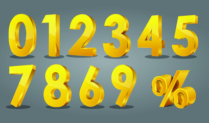 Set of volumetric shiny numbers and percent sign. 3D vector