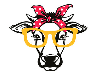 Cow head with red bandana and sunglasses. Vector black graphic illustration isolated on white. Farm animal. Cow portrait printable file