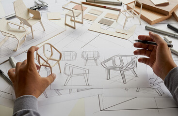 Designer sketching drawing design development product plan draft chair armchair Wingback Interior...