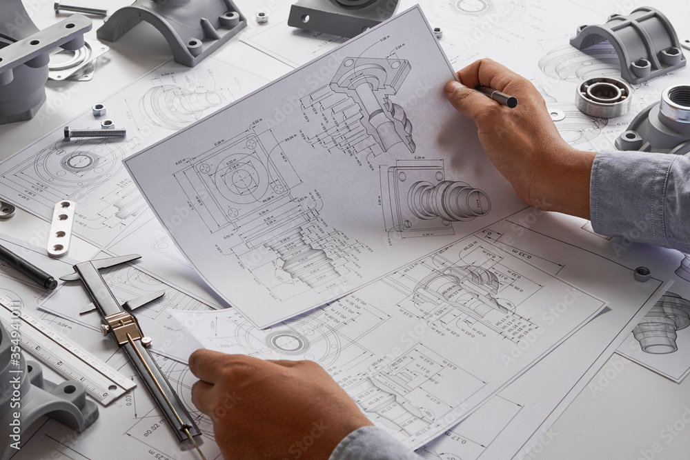 Poster engineer technician designing drawings mechanical parts engineering engine.manufacturing factory ind