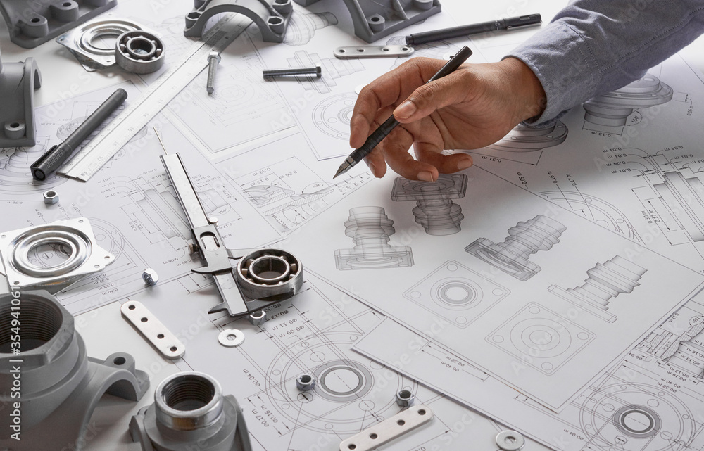 Poster engineer technician designing drawings mechanical parts engineering engine.manufacturing factory ind