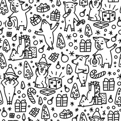 Doodles funnny pigs seamless pattern. Black and white symbol of the 2019 new year monochrome background