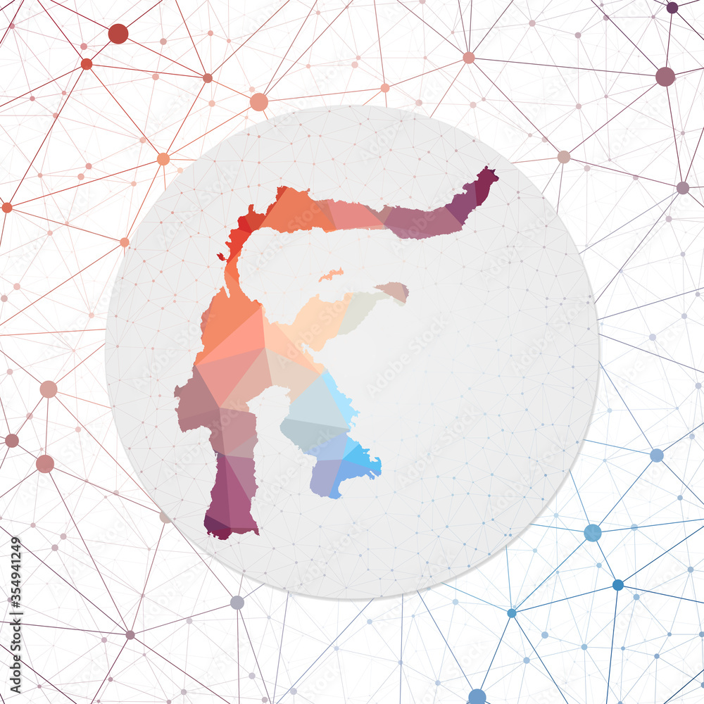 Poster Abstract vector map of Sulawesi. Technology in the island geometric style poster. Polygonal Sulawesi map on 3D triangular mesh background. EPS10 Vector.