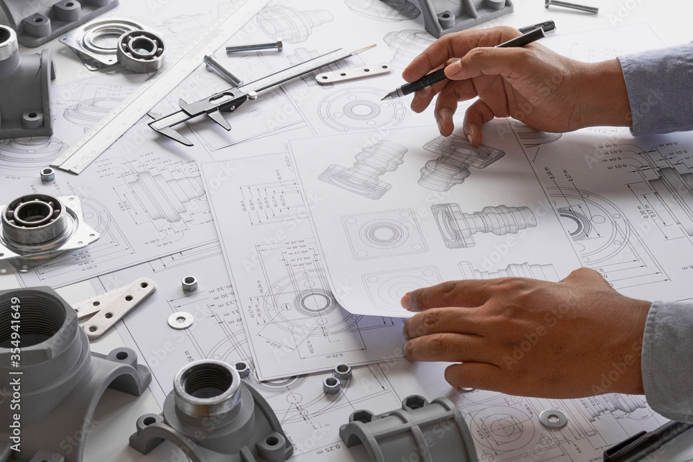 Poster engineer technician designing drawings mechanical parts engineering engine.manufacturing factory ind