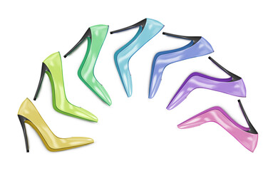 Women's shoes of pastel multi-colored colors located in a semi-circle. Shoe sale. Rainbow colored. light yellow, green, blue, pink, lilac, beige, mint . Vector 3d illustration isolated on white.