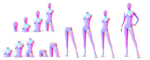 Female mannequin iridescent neon color. White mannequin with colored lighting. Set of different parts of three quarter front view. Vector 3d illustration isolated on white background.