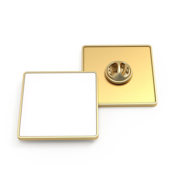 Empty Metal Square Brooch. Gold Color With White Background. 3d Mockup, Template For Presentation Of Company Logo. Front And Back View. Lapel Badge On A Pin.