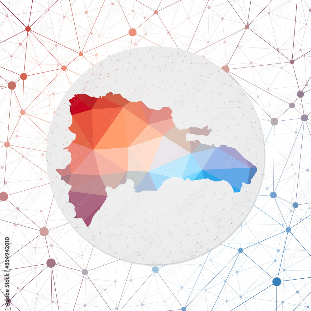Poster Abstract vector map of Dominicana. Technology in the country geometric style poster. Polygonal Dominicana map on 3d triangular mesh background. EPS10 Vector.