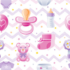 Girl baby shower seamless pattern. Cute cartoon wallpaper background whith kid icons - pacifier, bear toy, baby bottle, shoes. Isolated on white background with hand drawn pink zig zag polka dot