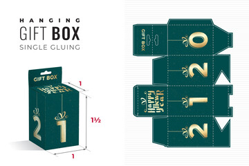 Happy New Year 2021 Hanging Gift Box Die Cut One and Half Height Template with Preview - Blueprint Layout with Cutting and Scoring Lines over Glossy Calligraphic Lettering on Green - Packaging Design