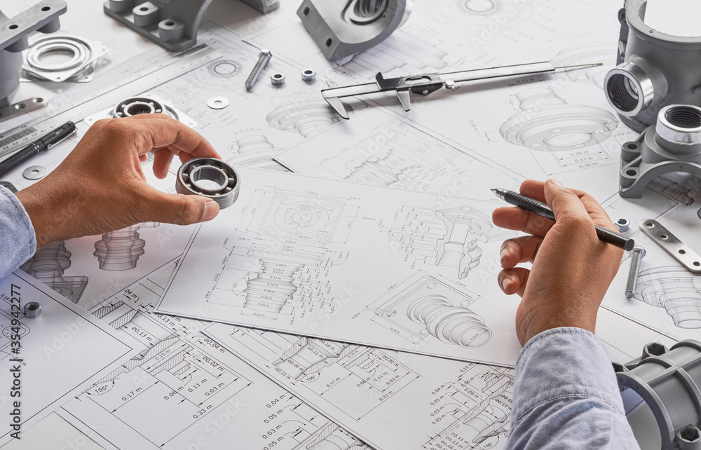 Poster engineer technician designing drawings mechanical parts engineering engine.manufacturing factory ind