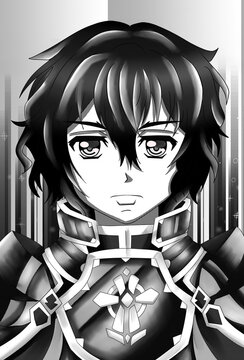Portrait of a manga knight character, manga illustrations. 