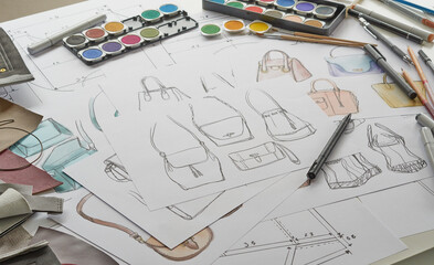 Designer stylish sketch Drawn design template pattern made leather clutch bag handbag purse Woman female Fashionable Fashion Luxury Elegant accessory.