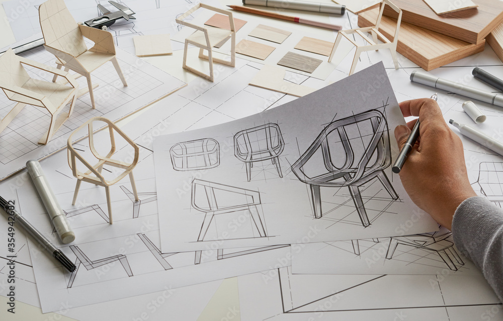 Wall mural Designer sketching drawing design development product plan draft chair armchair Wingback Interior furniture prototype manufacturing production. designer studio concept .