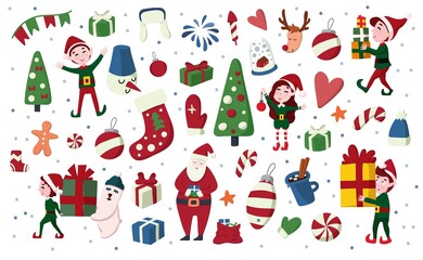 Christmas elves, Santa Claus, deer, gift etc. hand drawn set in cartoon style