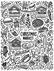 Christmas market doodles concept. Hand drawn street food marker design