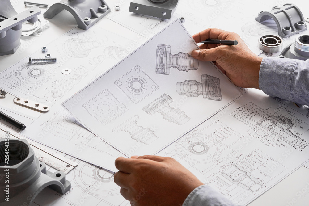 Poster engineer technician designing drawings mechanical parts engineering engine.manufacturing factory ind