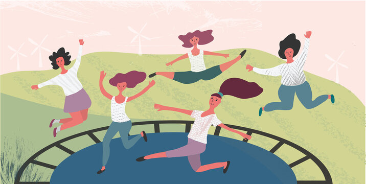 Cute girls enjoy jumping and bouncing on trampoline outdoors. Country life activity and fresh air walk.  Flat vector illustration