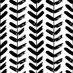 Vertical plant with leaves black paint vector seamless pattern. Hand drawn foliage branch silhouette, liana, chevron texture, herringbone. - 354943059