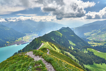 Panorama landscape of Swiss Alps with mountains, meadows and Lake Brienz. Taken at Hardergrat ridge trail / hike, Switzerland.