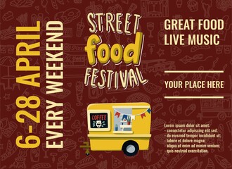 Street food truck festival. Template for flyer, poster or brochure. Hand drawn doodles background