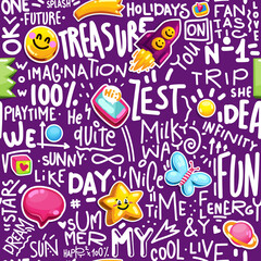 kids inscription and icons on the purple background. Seamless pattern cartoon illustration