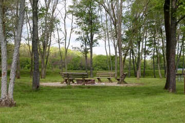 The fire pit area in the wooded area in the park.