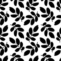 Plant twigs with leaves black paint vector seamless pattern. Hand drawn foliage branch silhouettes isolated on white background.