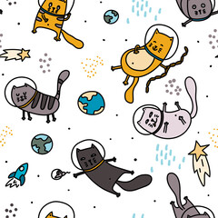 Cats in space seamless pattern. Doodle hand drawn scandinavian childish background