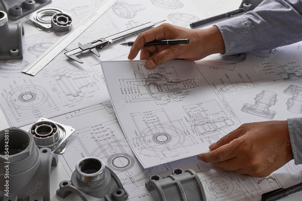 Poster engineer technician designing drawings mechanical parts engineering engine.manufacturing factory ind