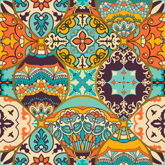 Vector patchwork quilt pattern. Vintage decorative collage. Hand drawn background. Indian, Arabic, Turkish motifs for printing on fabric or paper. Abstract colorful doodle pattern in mosaic style