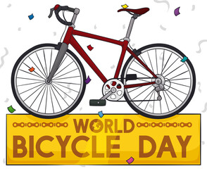 Bike over Golden Sign and Confetti Celebrating World Bicycle Day, Vector Illustration