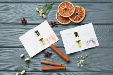 Perfume samples on wooden background