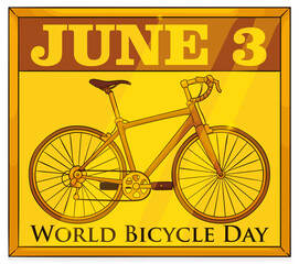 Golden Placard with Bike to Commemorate World Bicycle Day, Vector Illustration