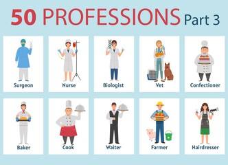 50 professions. Big set of professions in cartoon flat style for children. International Workers' Day, Labour Day